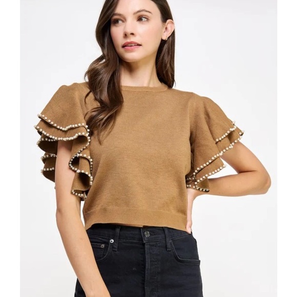 Strut & Bolt Tan Dramatic Statement Ruffle Sleeve Top Women's L Mob Wife - Picture 2 of 13